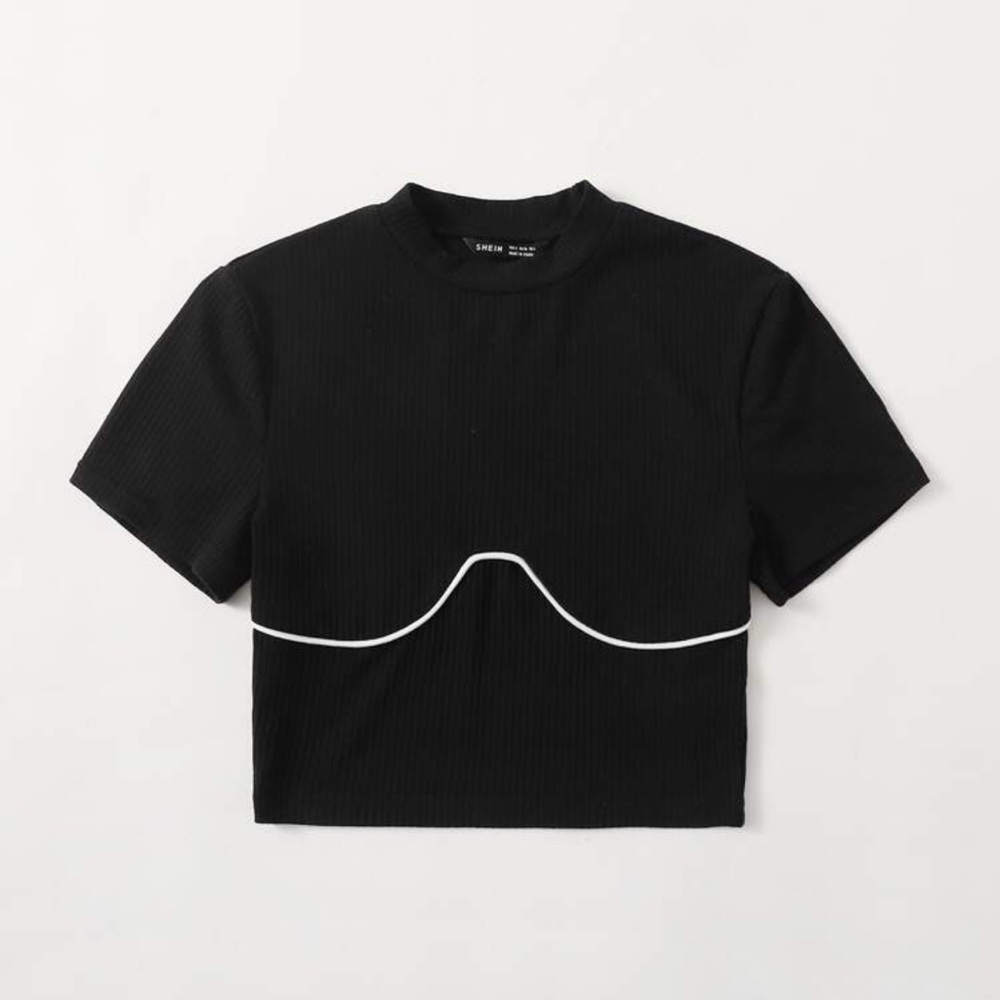 SHEIN Black Ribbed Tee with White Curved Detail